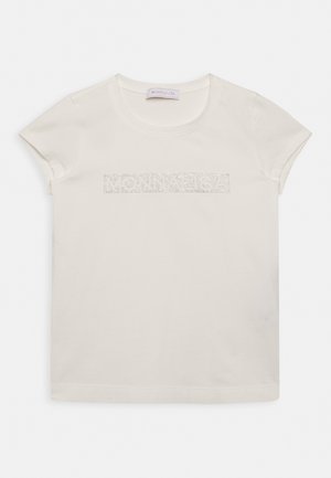 Kremowy, krótki t-shirt wykonany z bawełny, z wysadzanym kamieniami logo "MONNALISA" na piersi, okrągłym dekoltem i prostym wykończeniem dołu.