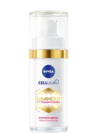 Transparent pump bottle with a white base, gold accent band, and blue circular logo. Text includes "NIVEA CELLULAR LUMINOUS 630° ANTI-PIGMENTFLECKEN."