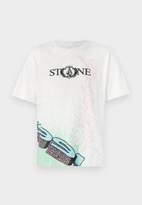 White cotton t-shirt featuring "STONE" in black, with green and pink graphic accents on the front and a relaxed fit. Short sleeves.