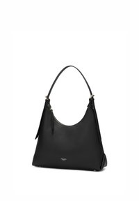 Black leather handbag with a rounded shape, featuring a single shoulder strap and gold-tone hardware. Textured surface with a smooth finish.