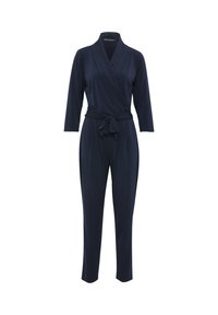 Tuta blu notte con design avvolgente, maniche lunghe e vita con lacci. Realizzata in un tessuto liscio e elasticizzato con una vestibilità su misura.