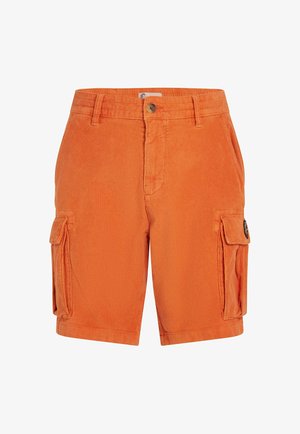 Narančaste korduroy cargo kratke hlače s dvema stranskima žepoma in gumbom za zapiranje. Teksturna tkanina z vidnim rebrastim vzorcem in detajli šivanja.