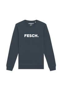 Dunkelblaues Sweatshirt mit langen Ärmeln und Rundhalsausschnitt, auf der Vorderseite mit auffälligem weißen Text "FESCH." versehen. Weiches Textilmaterial.