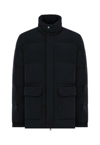 Giubbotto imbottito nero con colletto alto, due tasche frontali e polsini elasticizzati. Realizzato in un materiale sintetico liscio con un design minimalista.