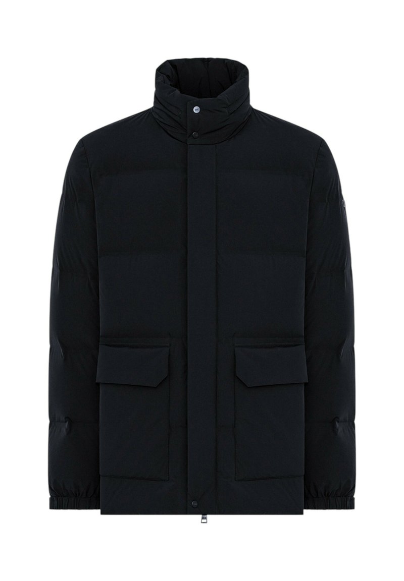 Giubbotto imbottito nero con colletto alto, due tasche frontali e polsini elasticizzati. Realizzato in un materiale sintetico liscio con un design minimalista.