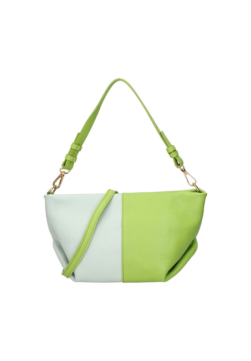 Borsa in pelle con design dual-color verde chiaro e verde lime, finitura strutturata, tracolla regolabile e dettagli in metallo dorato.