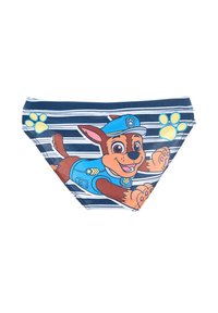 Blaue Jungen-Schwimmslips zeigen eine Grafik eines Cartoon-Hundes in Polizeiuniform, mit gelben Pfotenabdrücken und horizontalen weißen Streifen.