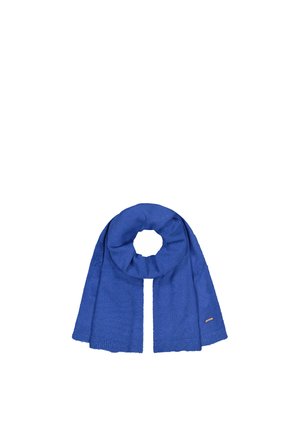Blue knitted scarf wrapped in a circular loop with loose ends hanging down, displayed on a white background.