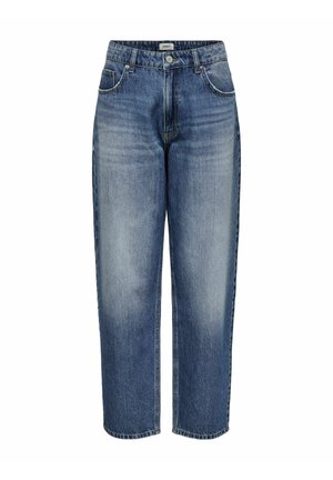 Jeans din denim de un albastru deschis cu un design drept, având o talie înaltă, un stil clasic cu cinci buzunare și o estompare subtilă pe material.