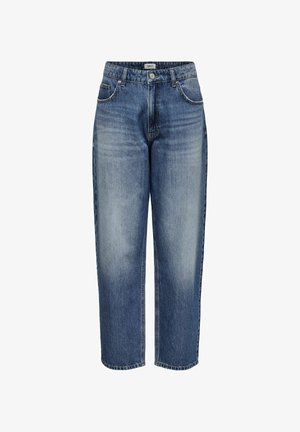 Svijetloplave traperice s ravnim nogavicama, visoki struk, klasičan stil s pet džepova i suptilno izblijedjivanje na tkanini.