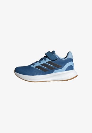 Blue athletic shoe with a breathable mesh upper, Velcro strap, and black stripes. Features a white sole with textured rubber for traction.