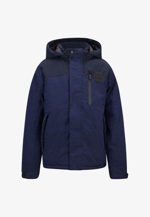 Navy blue winter jacket with a hood, featuring a zippered chest pocket, side pockets, and black accents on shoulders, made from a durable fabric.