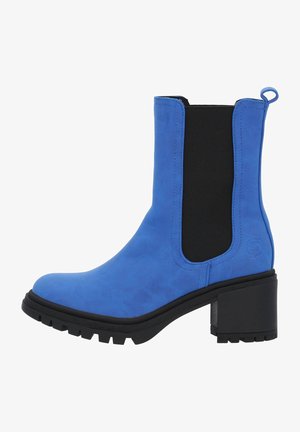 Botín de ante azul con paneles laterales elásticos negros, tacón grueso negro y suela texturizada. Cuenta con una tira en la parte posterior para facilitar su uso.