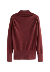 Maroon sweater with a draped back design, ribbed cuffs, and a solid texture. Features a high collar and a fitted waistband.