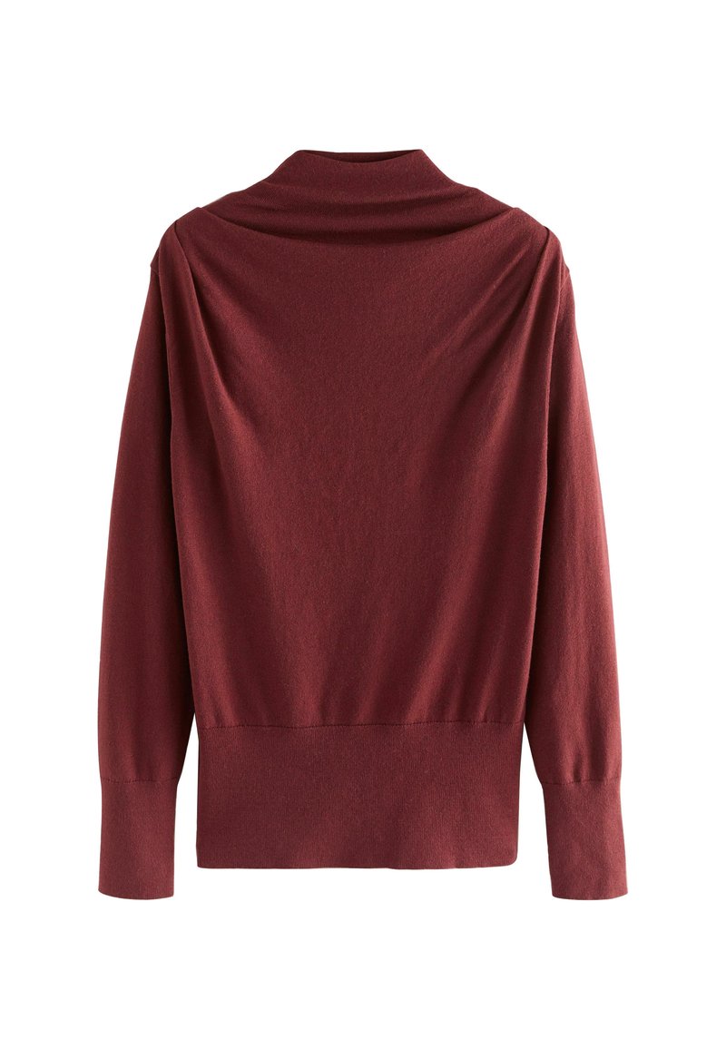 Maroon sweater with a draped back design, ribbed cuffs, and a solid texture. Features a high collar and a fitted waistband.