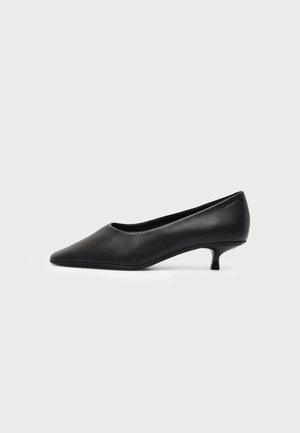 Chaussure à talon kitten en cuir noir à bout pointu, talon bas et finition lisse, vue de profil sur fond clair.