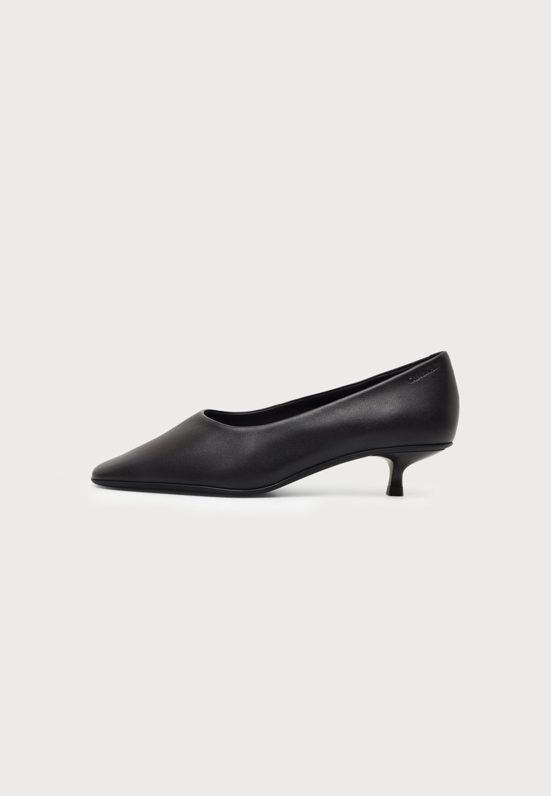 Chaussure à talon kitten en cuir noir à bout pointu, talon bas et finition lisse, vue de profil sur fond clair.