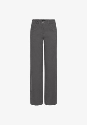 Donkergrijze rechte broek met frontzakken, riemlussen en een knoopsluiting in de taille.