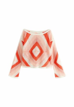 Maglione all'uncinetto con design off-shoulder caratterizzato da motivi a diamante bianchi, rosa e arancioni. Maniche lunghe, materiale testurizzato e lavorato a maglia aperta.