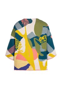 Kleurige, kortarmige gebreide top met een bloemenpatroon in groen, roze, geel en blauw op een lichte achtergrond en met een ronde halslijn.