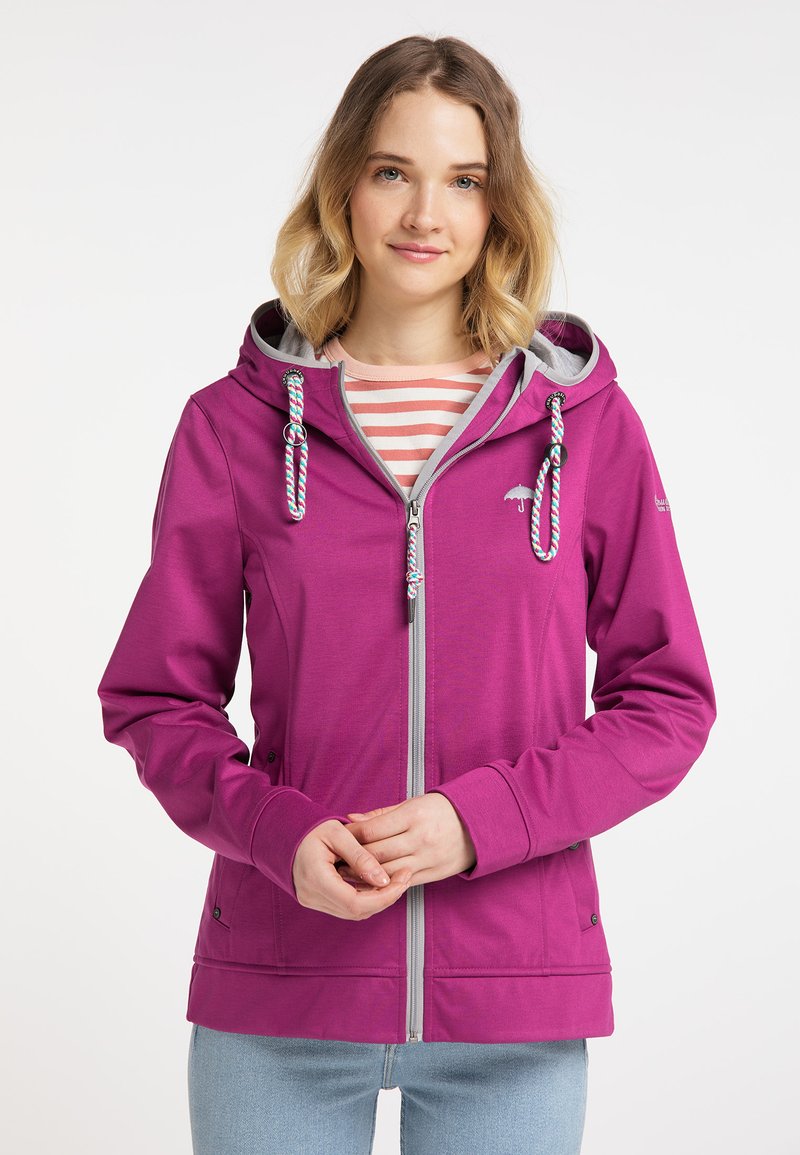 Fuchsia-jacka med grå detaljer, dragkedjestängning och randiga snörningar. Mjuk tyg, huva och sidofickor. Modern, avslappnad passform.