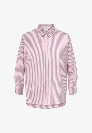 Roze-wit verticaal gestreept overhemd met knopen, lange mouwen en een puntkraag, getoond tegen een witte achtergrond.