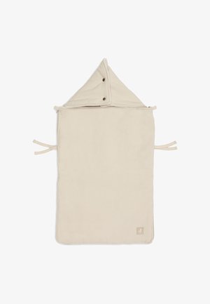 Beige rectangular baby hooded towel with snap buttons on the hood and fabric ties on the sides, laid flat on a white background.