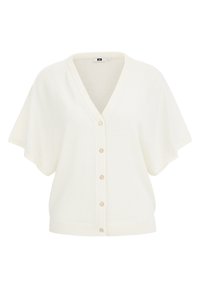 Cardigan color crema con maniche corte e scollo a V. Presenta una chiusura frontale con sette bottoni e dettagli a coste all'orlo. Tessuto morbido e leggero.