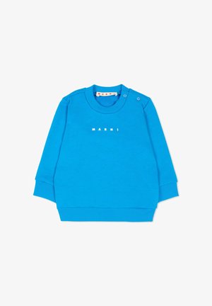 Blauwe katoenen sweatshirt met lange mouwen, geribde boorden en halslijn. Voorzien van witte "MARNI" tekst op de voorkant en drukknoopdetail op de schouder.