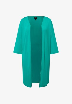 Turkis, åben-front kimono med en afslappet pasform. Har korte ærmer og vertikal ribbet struktur. Glat, let stof.