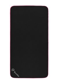 Black exercise mat with textured surface, bordered by pink accent. Features a logo in the bottom left corner. Rectangular shape.