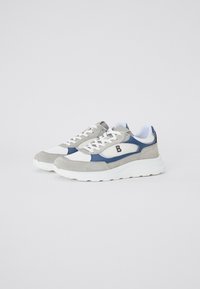 Sneakers med en kombinasjon av grå semsket skinn, blå detaljer, hvit mesh og en kraftig hvit såle. Logoer til stede på siden.