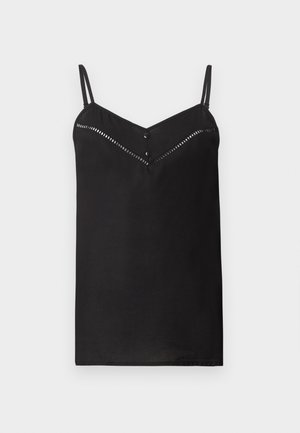 Robe nuisette noire sans manches avec fines bretelles, encolure en V, boutons décoratifs et détail découpé sur la poitrine.