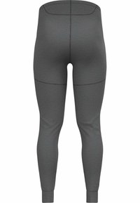 Graue Sportleggings aus elastischem Material, mit einem engen Schnitt, Knöchelriemen und horizontalen Nahtdetails an den Oberschenkeln.