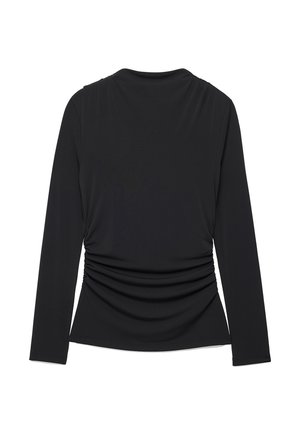 Schwarzes Langarmoberteil mit gerafften Details an den Seiten und am Rücken, Rundhalsausschnitt und figurbetonter Silhouette.