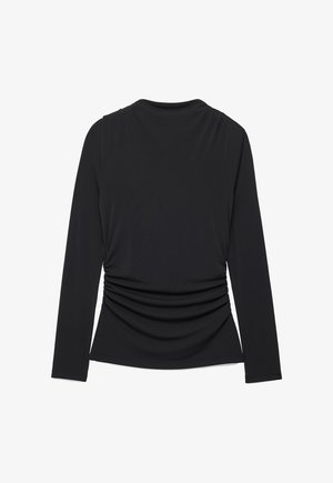 Schwarzes Langarmoberteil mit gerafften Details an den Seiten und am Rücken, Rundhalsausschnitt und figurbetonter Silhouette.