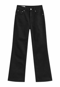 Jeans noirs à taille haute et jambes larges avec boutons à l'avant, passants de ceinture et style à cinq poches.