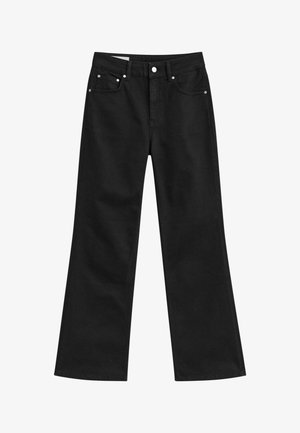 Schwarze High-Waist Weite-Leg-Jeans mit Vorderknopf, Gürtelschlaufen und Fünf-Taschen-Design.