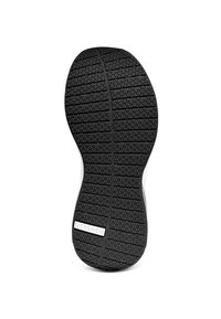 Schwarze Gummisohle mit einem strukturierten Muster aus kleinen Dreiecken und horizontalen Rillen; mit eingeprägtem Branding und Größenangabe.