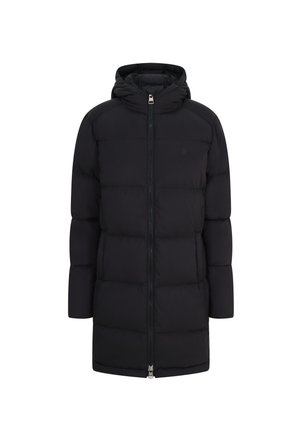 Black puffer jacket featuring a zip front, hood, and stitched sections for insulation. Smooth texture with minimal branding detail.