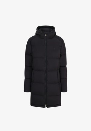 Black puffer jacket featuring a zip front, hood, and stitched sections for insulation. Smooth texture with minimal branding detail.