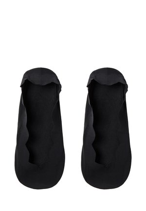 Paar schwarze No-Show-Linersocken mit gewellten Rändern, entworfen, um niedrig geschnitten und in Schuhen verborgen zu sein.