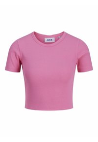 Roze geribbelde T-shirt met korte mouwen, een ronde halslijn en een cropped ontwerp. Het label zegt "JJXX." Zachte textuur en aansluitende pasvorm.