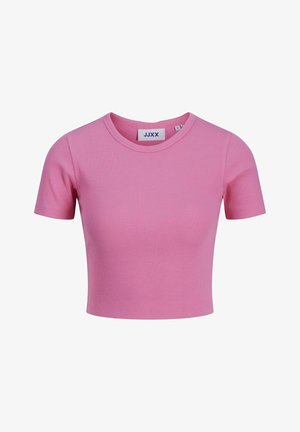 T-shirt curto de mangas curtas na cor rosa, com decote redondo e design cropped. Etiqueta diz "JJXX." Textura suave e forma ajustada.