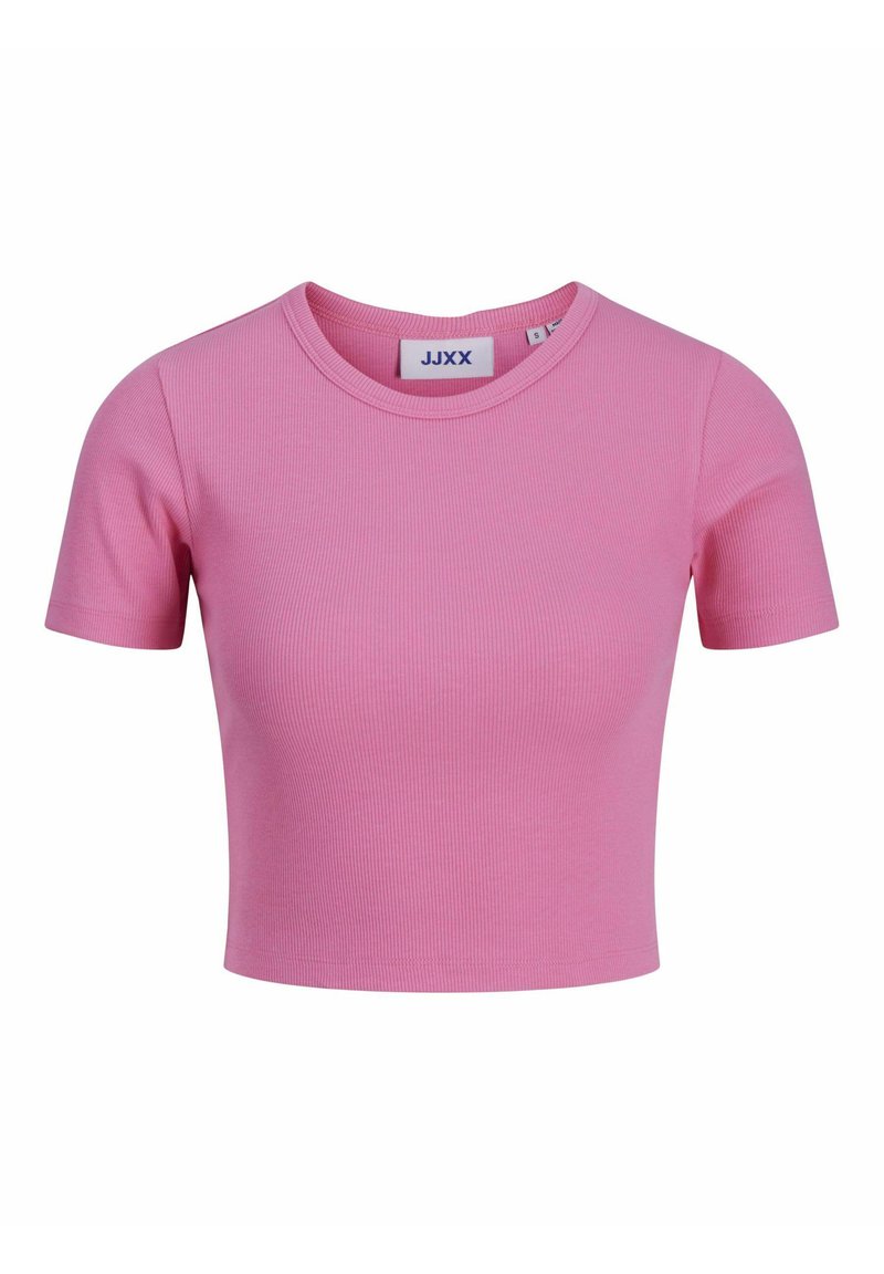 Roze geribbelde T-shirt met korte mouwen, een ronde halslijn en een cropped ontwerp. Het label zegt "JJXX." Zachte textuur en aansluitende pasvorm.