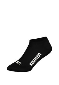 Schwarze Knöchelsocke aus dehnbarem Stoff mit geripptem Bündchen. Mit weißem "STARTER"-Logo und kleinem Grafikdesign auf der Zehe.