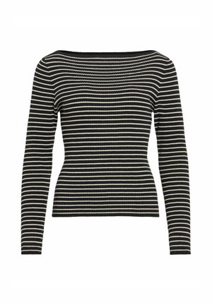 Jersey acanalado de rayas horizontales en blanco y negro, con mangas largas y un escote ancho y recto.