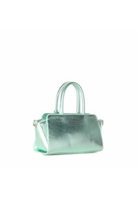 Borsa metallic mint green con due manici arrotondati, forma rettangolare, texture liscia e dettagli in hardware dorato.