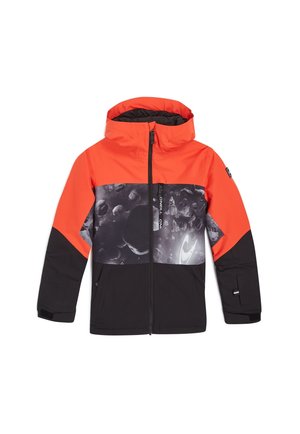 Veste à capuche orange, noire et grise avec fermeture éclair noire, poche poitrine et motif abstrait rocheux sur la poitrine et le haut des manches.