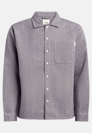 Button-up shirt in navy and white with a textured pattern. Features a pointed collar, long sleeves, and a chest pocket.